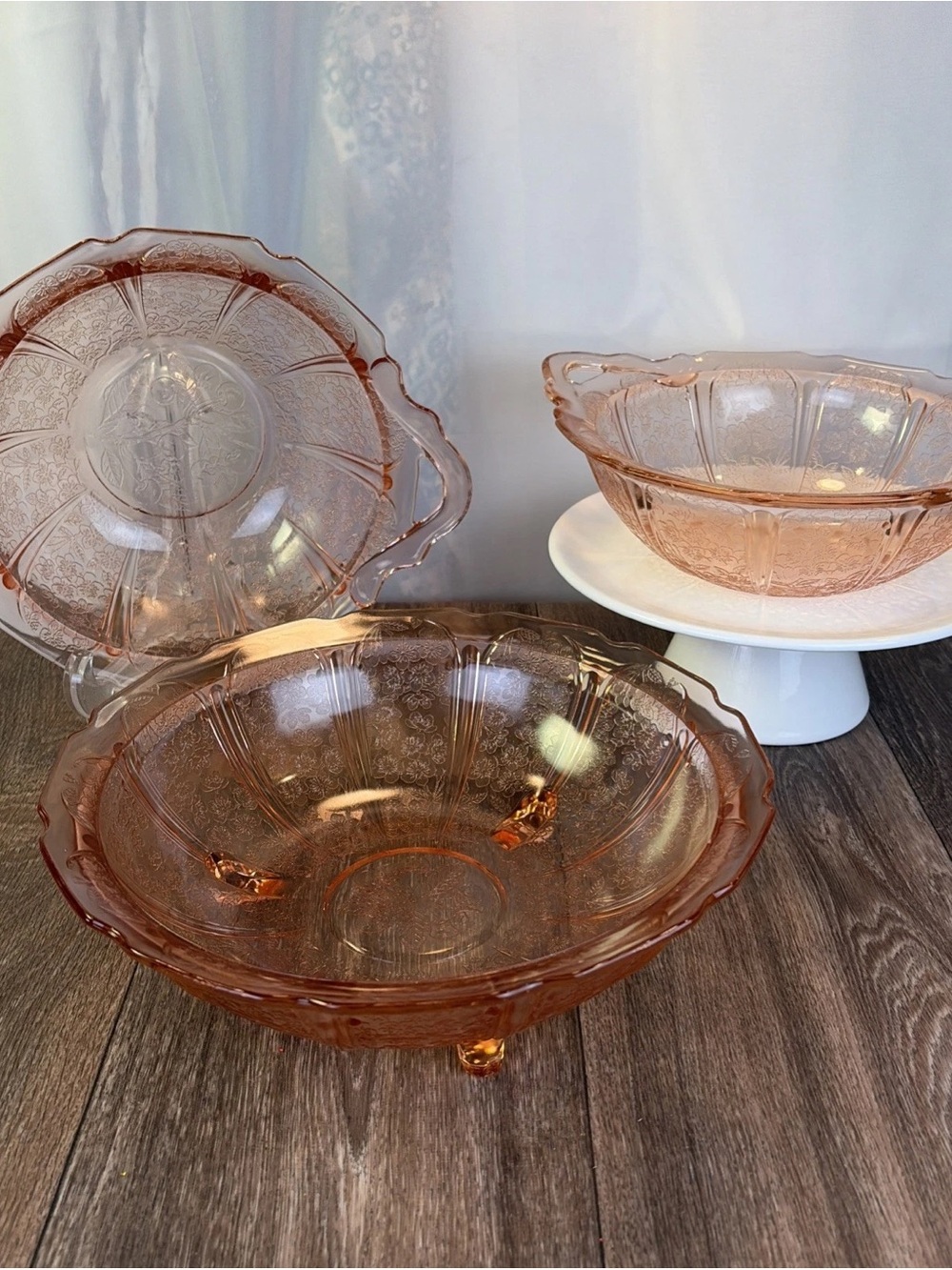 Lot of 3 Jeannette Pink Depression Cherry Blossom Glass Serving Bowls w/ Handles